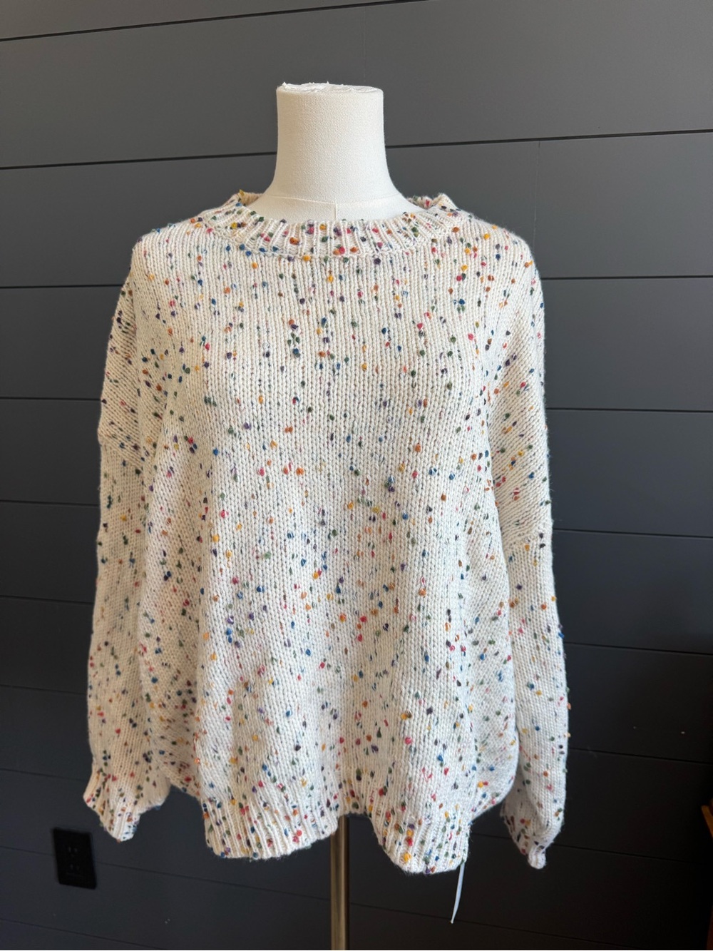 Cupshe Cream Rainbow Pom Pom Drop Sleeve Sweater with Multicolor Dots size L